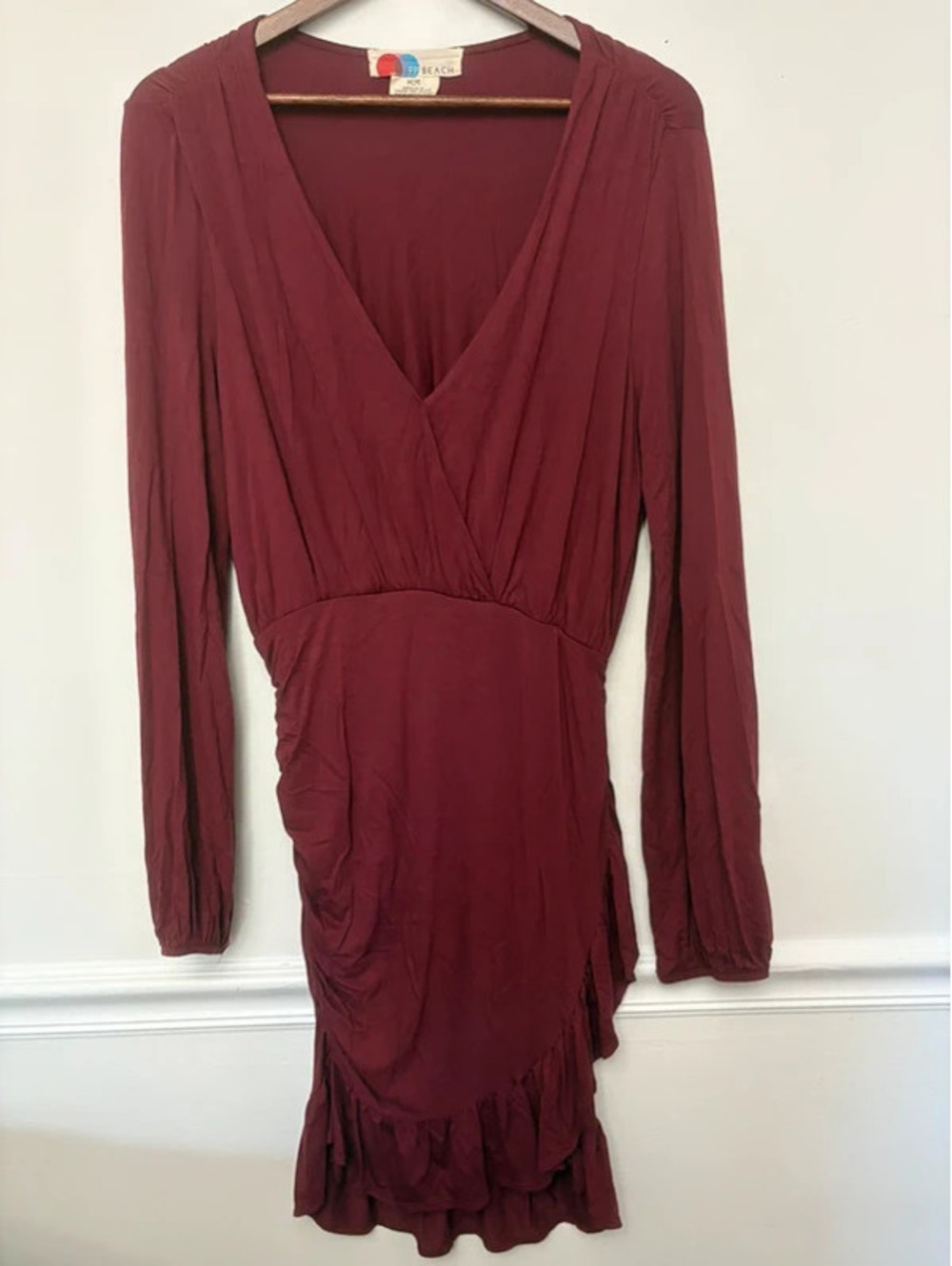 Free People FP Beach Medium Burgundy Ruched Wrap Mini Dress